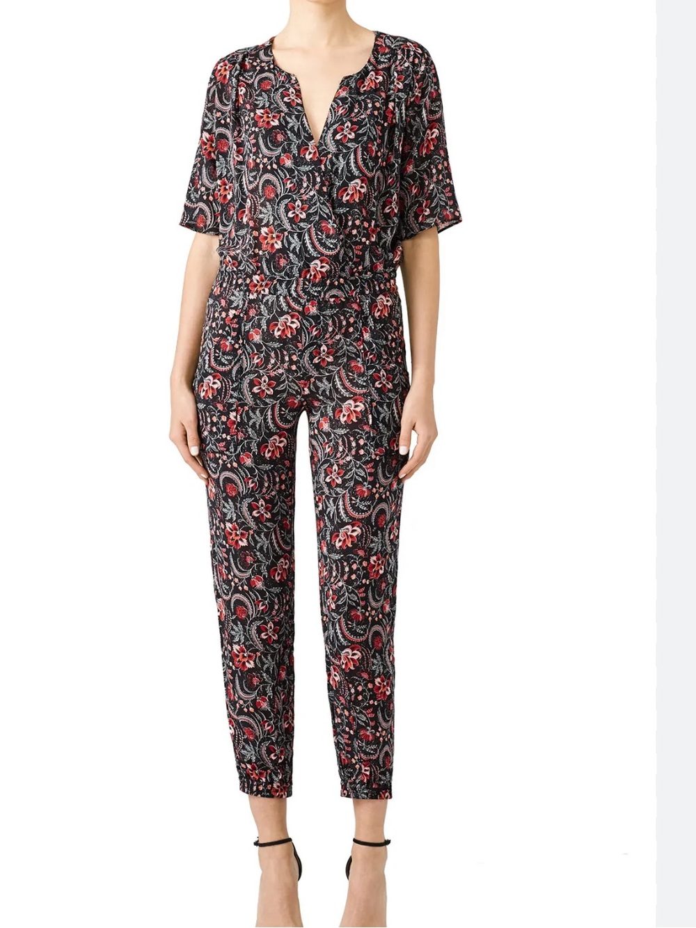 ba&sh Black Floral Paisley Jumpsuit with Red Accents
